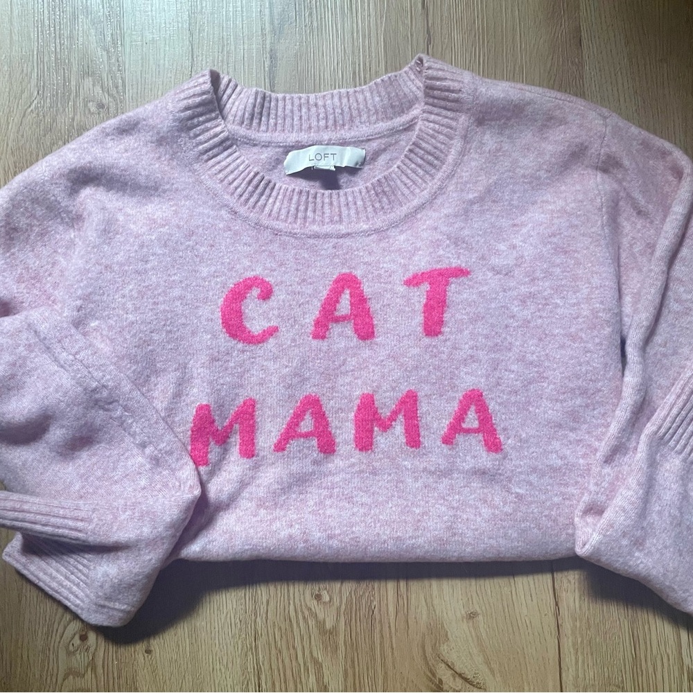 LOFT Pink Cat Mama Crew Neck Sweater